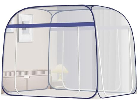 Pop Up Bett Baldachin Zelt mit drei Türen für Twin Size Bett Atmungsaktives Moskitonetz für Innenbereich, Blau, 150 x 200 cm