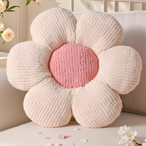Yhoelata Valentinstag Blumenkissen, Creme Rosa Blumengestalt Zierkissen, Plüsch Bodenkissen für Sofa & Bett Kinderzimmer, Mädchen Dekoratives Gänseblümchen Design Wohnkissen 50cm