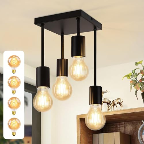 CBJKTX Deckenleuchte Schwarz Deckenlampe Vintage - E27 Küchenlampe 4 | Flammig Retro Metall Hängend Industrial Deckenspots mit 4 Lichtquellen für küche Flur Schlafzimmer Wohnzimmer Bar