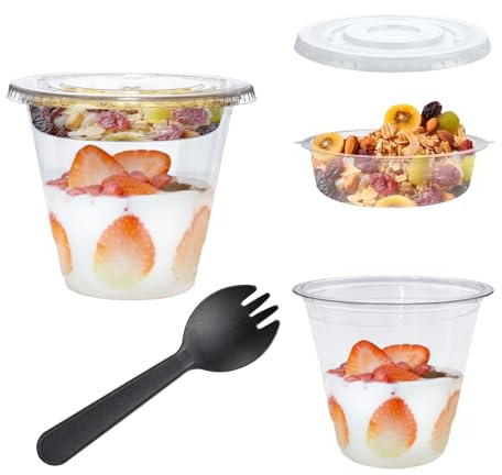 Slomg 9 oz 50 Sets Plastic Parfait Cups with Flat Lids, Disposable Clear Fruit Dessert Cups with Forks and Inserts, To Go Snack Yogurt Containers for Cereal Dips Veggies Breakfast Party