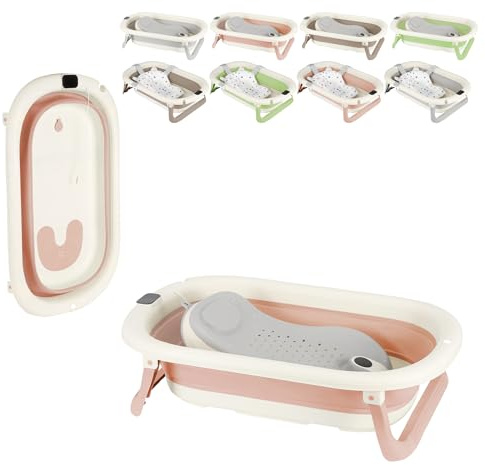 XUANYU Baignoire Pliable pour Nouveau-nés, Bassine Bebe avec Thermomètre à eau, Baignoire de Voyage Portable avec Transat de Douche (Rose)
