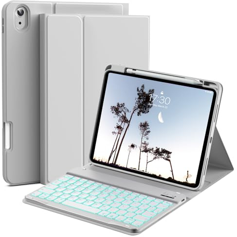 HMTDIYOU Tastatur mit Hülle für iPad 11./10. Generation 2025 2022, Grau | QWERTZ-Tastatur mit 7-farbiger Hintergrundbeleuchtung für iPad 11 Zoll A16 und 10,9 Zoll, Schutzhülle mit Stifthalter