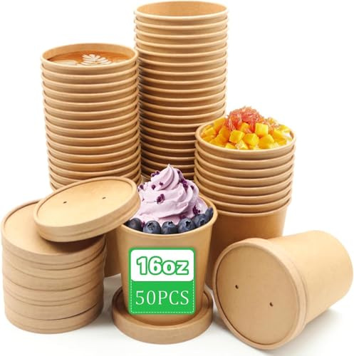 JMIATRY 50 vasos desechables de 450 ml con tapa, vasos de papel con tapa para helado, sopa, ensalada, postres, aperitivos