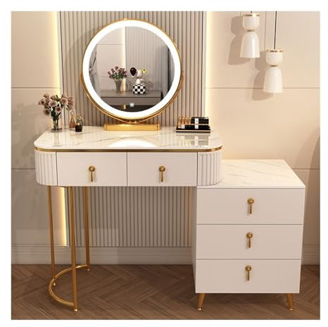 Huangj-0527 Tavolo Trucco Tavolo da toeletta for Trucco da scrivania Bianco con Specchio e Set da toeletta con scrivania Moderna e 5 cassetti portaoggetti Toilette con Specchio