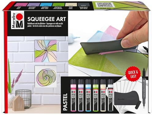 Marabu Acryl Color Squeegee Art Set Pastel, Rakelkunst mit Acrylfarben, Malset mit 6 x 25 ml Acryl Color, Rakel, 10 x Acrylpapier und Permanent Marker, 1201000000200