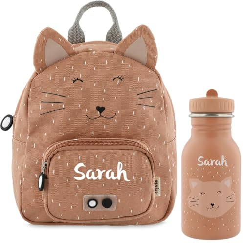 Mainely Personalisierbarer Kinder-Rucksack „Katze“ – verstellbare Träger & kinderfreundliche Reißverschlüsse – für Krippe & Kindergarten – mit Namen personalisiert – Trixie