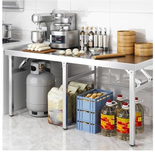DHNDSDP Edelstahltisch Küchen Arbeitstisch mit Klappbarer Tischplatte und Beinen Verstellbaren Füßen Höhe 55 cm Sechs Beine Verstärkter Querbalken Gewerbliches Regal Hohe Tragfähigkeit