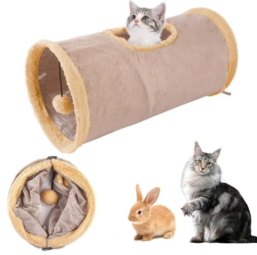 Katzentunnel, Katzentunnel Große Katzen, Katzenspielzeug Rund, Spieltunnel mit Spielball Haustier,Faltbarer Erweiterbarer Rascheltunnel für Katzen Kaninchenoder Kleintier,Meerschweinchen (Khaki)