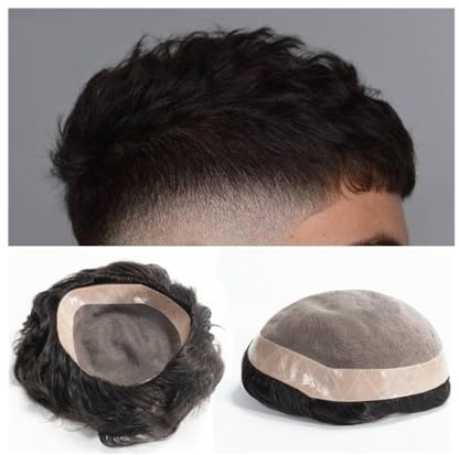Für Männer Herren-Haartupet, feines Mono-Oberteil mit NPU rundherum, Herren-Haarteil, 15,2 cm, indisches Haarersatzsystem Perückenkopf(1B#,5x7)