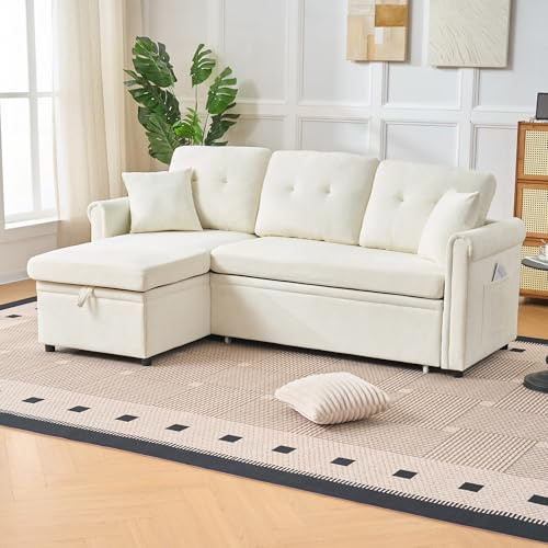 Generisk L-formad hörnsoffa med sovfunktion och sänglåda, chenille-bäddsoffa med förvaringsutrymme och dubbelsidigt monterad recamiere, 12 cm sittdyna för gästrum, beige