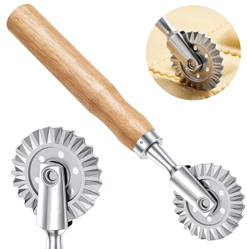 Pastry Cutter Wheel, Fluted Pasta Cutter Ravioli Cutters with Wooden Handle 1.5 Diameter Pasta Cutters Wheel for Ravioli, Dumplings, Lasagna, Pierogi and Cookies 360° Effortless Cutting