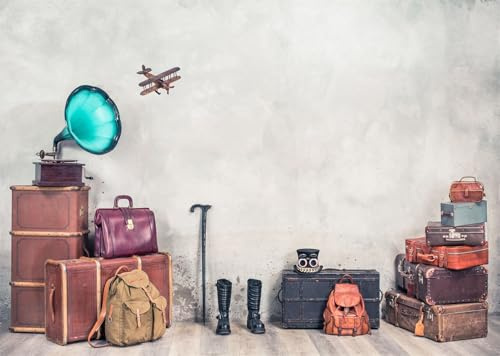 CORFOTO Fabric 2.5x1.8m Vintage Suitcase Backdrop Gramophone & Travel Props Photography Background for Retro Theme Party Decorations Nostalgic Photo Shoot Props