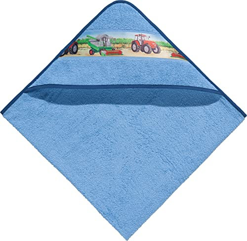 Erwin Müller Kinder-Kapuzenbadetuch, Kapuzenhandtuch Frottier hellblau Größe 140x140 cm - mit Webbordüre Traktor, Bauernhof, 100% Baumwolle