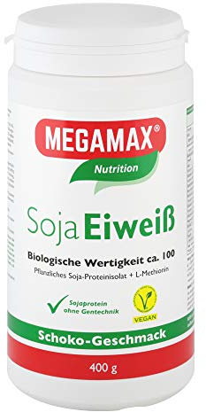 MEGAMAX Soja Eiweiß + Taurin + L-Methionin Schoko 400 g Glutenfrei | Sojaeiweiß-Isolat Low Carb | pflanzliches Eiweiss, Laktosefrei, Aspartamfrei | Veganes Protein für Muskelaufbau und Muskelerhalt