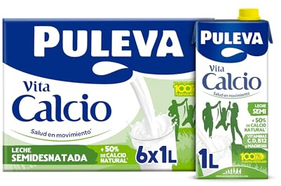 Puleva Calcio Leche Semidesnatada - Pack 6 x 1Lt | Leche semidesnatada enriquecida con calcio adicional y vitamina D. Cuida tus huesos. Pack 6 briks de 1 litro.