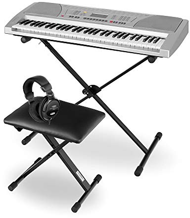 Funkey Deluxe Kit 61 Tasten Keyboard Set - Einsteiger Keyboard mit 100 Sounds & Rhythmen und Begleitautomatik - Komplettset Inklusive Stativ, Sitzbank und Kopfhörer - Silber