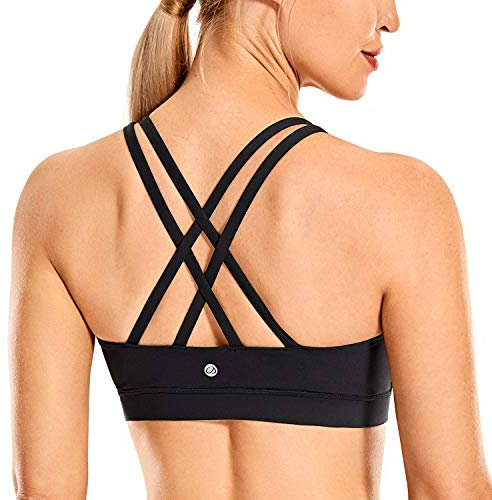 CRZ YOGA Damen Ohne Bügel Sport BH Gekreuzt Rücken Spaghetti Top Abnehmbare Pads Yoga Croptop Schwarz-Logo M