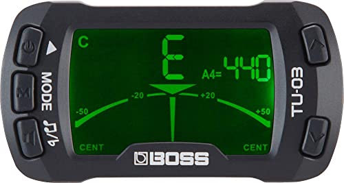 BOSS TU-03 Clip-On Tuner und Metronom; Befestigung an Kopfplatten von Gitarren, Bässen, Ukulelen und weiteren Saiteninstrumenten