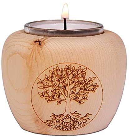 Dekobox Teelichthalter Mia aus Zirbenholz - mit Baum des Lebens Lasermotiv, H7 x D7 cm