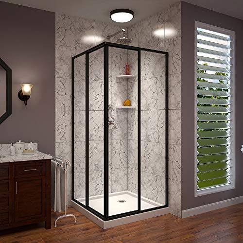 DreamLine Cornerview 36 inch D x 36 inch W x 74 3/4 inch H Framed Sliding Shower Enclosure in Matte Black with White Shower Base Kit