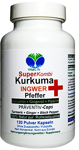 Curcuma KURKUMA + INGWER + PFEFFER SuperKombi 120 Kapseln CURCUMIN & GINGEROL & PIPERIN - NATUR PUR - OHNE ZUSATZSTOFFE. 27090-120
