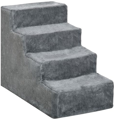 PawHut Hundetreppe 4-stufig, 35 cm Katzentreppe für Bett und Sofa, Haustiertreppe für Hunde und Katzen bis 5 kg, Plüschoptik, Hellgrau