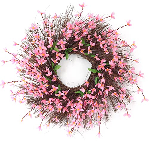 QYLJZB 20Inch Pink Artificial Wreath, Spring Summer Forsythia Wreaths with Rattan, Winter Jasmine Front Door Wreath for Front Door Wedding Home Decor