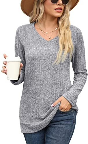 PrinStory Damtröja V-hals enfärgade tröjor långärmade toppar vardaglig tunika mjuk pullover, 005 Ljusgrå, XL