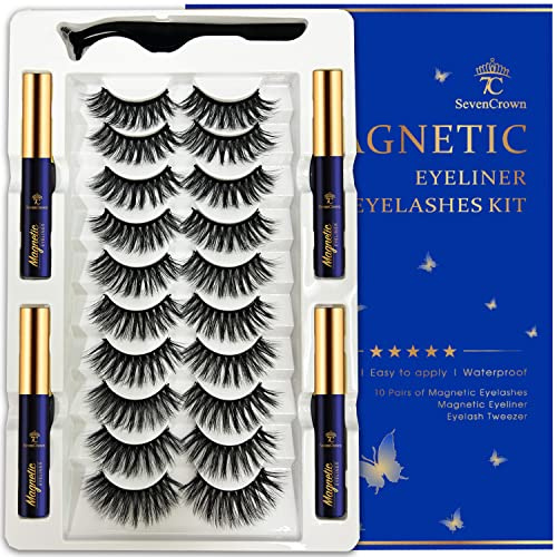 7C SevenCrown 3D Magnetic Eyelashes and Eyeliner Kit - 10 Pairs Reusable Magnetic Lashes Natural Look, Upgraded Long-Lasting 4 Tube Waterproof Liner with Application - Cruelty Free,Easy