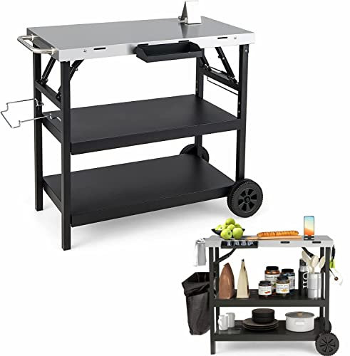 GiantexUK Folding Dining Cart, 3-Tier Mobile BBQ Table Trolley with Adjustable Shelf, Phone Stand, Spice Rack and Hooks, Outdoor Grilling Cooking Pizza Serving Cart