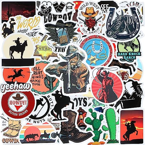 Prasacco 50pcs Western Stickers - Country Cowboy & Cowgirl Decals for Water Bottle, Luggage, Helmet, Skateboard, Guitar, Laptop, Phone & Scrapbook