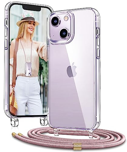Vaykwo Handykette mit Band für Apple iPhone 14 Hülle und iPhone 13 Hülle - Necklace Handyhülle - Transparente Case zum Umhängen mit Kameraschutz und Bildschirmschutz - Roségold | Necklace Handyhülle, Transparente Case zum Umhängen, Verstellbar und Abnehmbar