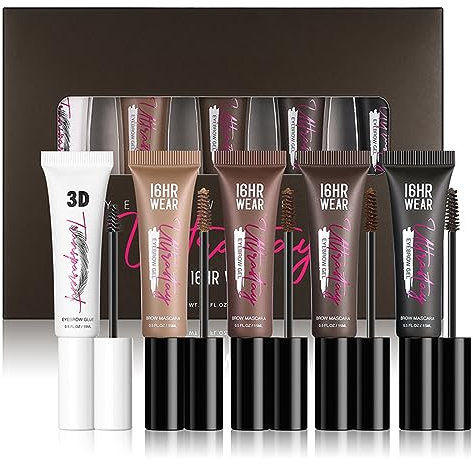 AURONUT Lot de 4 couleurs de mascara & colle pour sourcils, blond, marron, marron foncé, noir, aspect naturel, tenue 16 heures