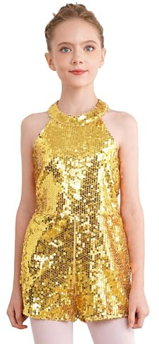 inhzoy Kinder Mädchen Pailletten Jumpsuit Kurz Glänzende Turnanzug Gymnastik Trikot Tanzoverall Leotard Funkelndes Party Silvester Jazz Dance Outfit Gold_A 134-140