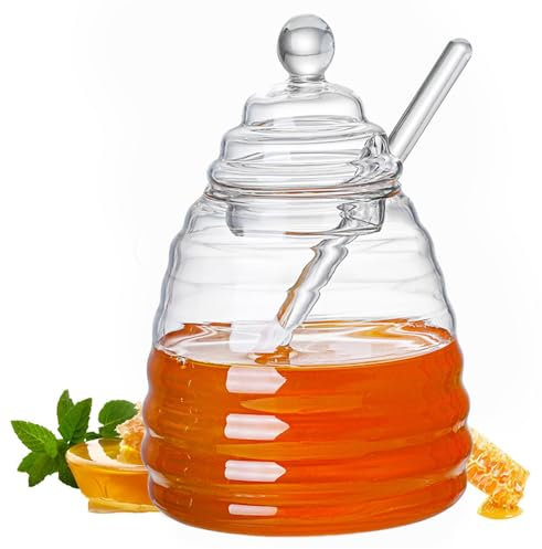 CaiYuanGJ Barattolo Per Miele, Contenitore Miele, Dispenser di Miele, Contenitore Per Miele Trasparente, Barattolo di Miele di Vetro, con Coperchi e Mestolo, per Conservare Miele e Sciroppo (500 ml)