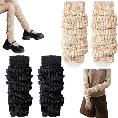 Mein HERZ Winter Stulpen Damen,2 Paare Legwarmers Damen Beinwärmer Häkelarbeit Gestrickte Leg Damen Winter Strick Fußwärmer Woll-Beinwärmer Für Damen für Winter, Frühling und Herbst (Schwarz+Khaki)