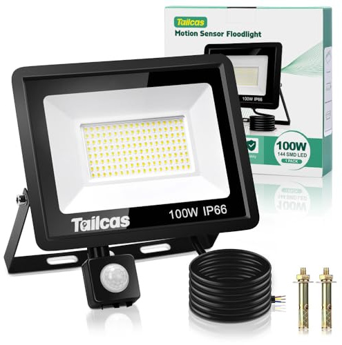 Tailcas LED Strahler mit Bewegungsmelder Außen 100W, 6500K 9000LM Kaltweiß | 144 LEDs Superhell LED Fluter, IP66 Wasserdicht Flutlichtstrahler Scheinwerfer Licht Wandleuchte für Hof, Garage, Garten