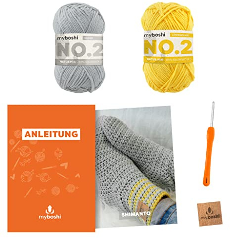 myboshi Häkelset Socken Shimanto, Häkelset für Anfänger, inkl. No.2 Wolle, Häkelnadel und Anleitung, Label, Häkelpaket, 85% Baumwolle, 15% Kapok Gelb mit Häkelnadel
