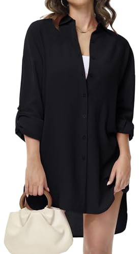Tanmolo Damen Bluse V-Ausschnitt Hemdbluse Langarm Lässiges Hemd zum Knöpfen Langarmshirt Casual Oberteile Aufrollen Tops (Schwarz,L)