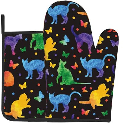 Ofenhandschuhe, Topflappen, Katzen-Silhouette, hitzebeständig, für Damen und Herren, zum Kochen, Grillen, Backen, 2 Stück