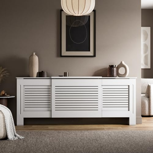 Radiant Living Radiator Cover Horizontal Slat Design, Modern White MDF Radiator Cabinet for Living Room & Bedroom, Adjustable