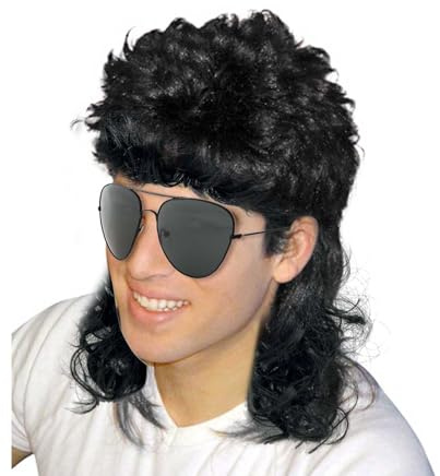 XNIVUIS Herren Vokuhila Perücke Schwarz Lockig Lang, 70er 80er Cosplay Kostüm Halloween Retro Disco Punk Rocker, Erwachsene (2 Pcs)