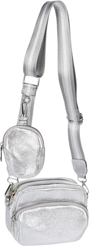 styleBREAKER Damen Umhängetaschen Set 2-Teilig, gemusterter Schultergurt und ovale Börse, Rechteckige Crossbody Bag Einfarbig 02012405, Farbe:Silber Metallic