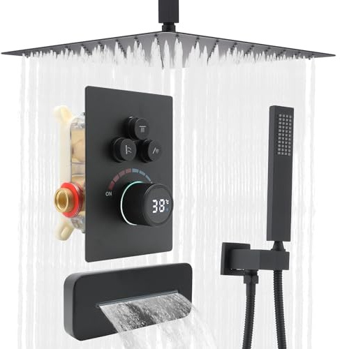 Delnet 3 Way Outlets Digital Display Valve Shower Set,16 Inch Ceiling Mounted Concealed Rain Shower System, Can Use All Options at A Time, Matte Black