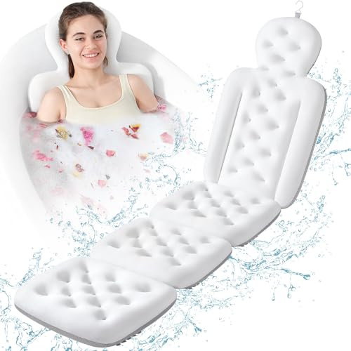 Luxus Badewannenkissen, Ganzkörper-Badewannenkissen mit 160 Saugnäpfen, Badematte für Kopf- und Nackenstütze, mit Wäschesack (Weiß, 152,9 x 41,1 cm)