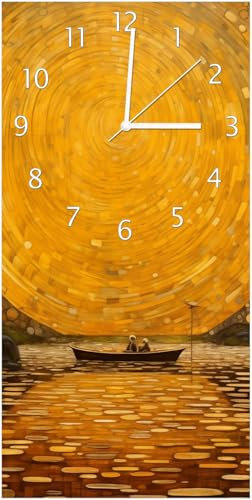 Wallario Design-Wanduhr Goldene Flussfahrt aus Glas, Motiv-Uhr Größe 30 x 60 cm, weiße Zeiger