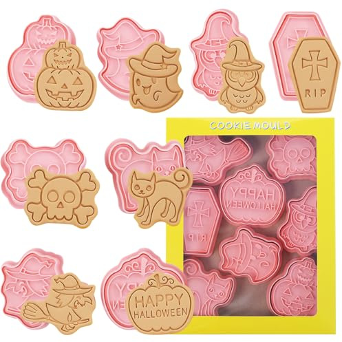 Halloween Keksausstecher, 8 Stück Kunststoff 3D-Keksformen für Halloween, Kinder Ausstechformen für Kekse, Hexe, Katze, Kürbis, Geist, Totenkopf, Keksausstecher Set