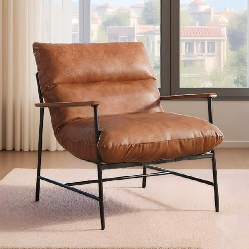 chairus Poltrona Salotto Moderna Poltroncina Camera da Letto in Ecopelle Poltrone con Braccioli in Legno Poltrona Imbottita con Gambe in Metallo per Soggiorno/Studio, Marrone