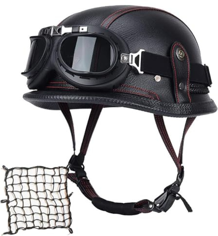 Labzaa Deutschen Motorradhelm Halbschalenhelm mit ECE, Retro Lederhelm Jethelme Vintage Mopedhelm mit Brille Sonnenblende, Offenem Helm für Herren und Damen C M