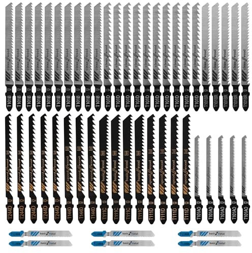 Professional 52 pièces Lames De Scie Sauteuse，10 modèles Jeu de lames de scie sauteuse，Fabriquées en HCS，Livré avec boîte en plastique，Pour couper du bois, du plastique et du métal fin